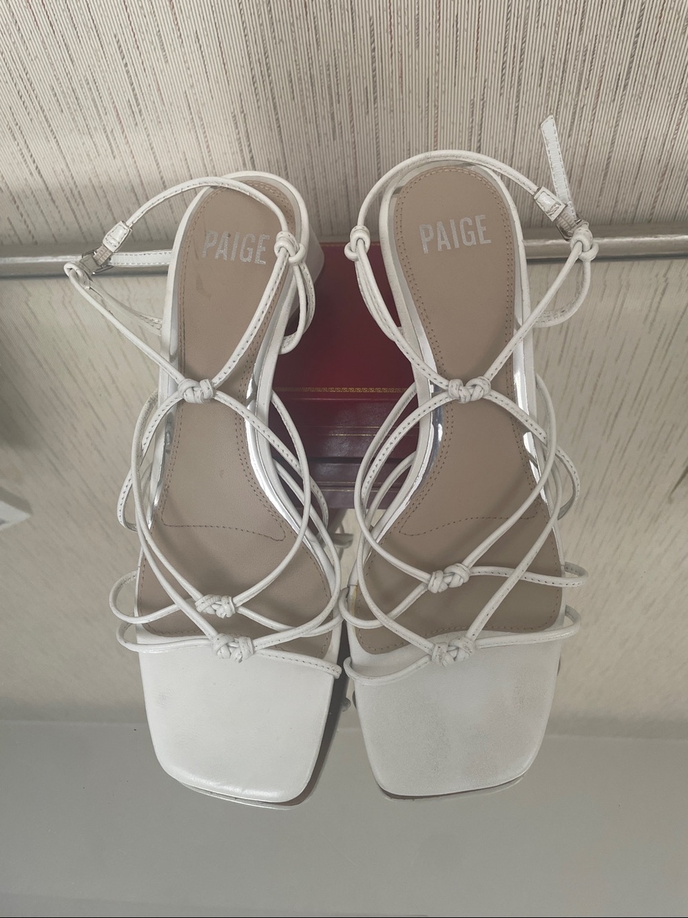 PAIGE White Knotted Strappy Square-Toe Heels